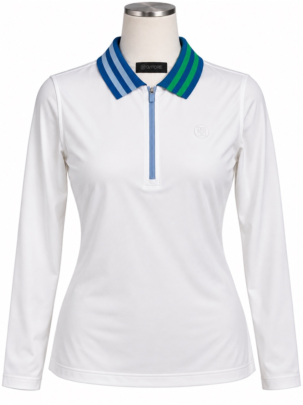 G/FORE White Long-Sleeve Polo with Blue and Green Stripe Collar